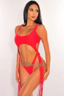 Vendor-unknown Red Cut Out O-Ring Fringe Ultra High Cut Thong Swimsuit Just In
