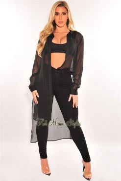 Vendor-unknown Black Collared Button Up Long Sleeve Sheer Maxi Shirt Cover Up Just In