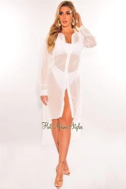 Vendor-unknown White Collared Button Up Long Sleeve Sheer Maxi Shirt Cover Up Just In