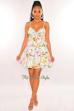 LUXXEL Mint Floral Print Spaghetti Straps Ruched Smocked Wrap Baby Doll Dress