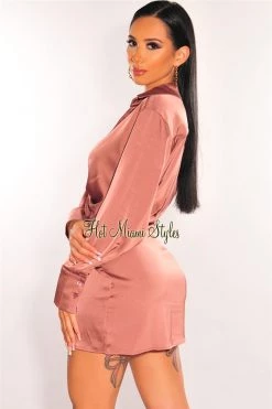 NIKIBIKI Mauve Silky Collared Long Sleeve Knotted Slit Shirt Dress Just In