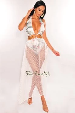 Vendor-unknown White Tropical Palm Print Halter O-Ring Net Maxi Dress Just In