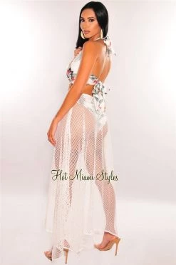 Vendor-unknown White Tropical Palm Print Halter O-Ring Net Maxi Dress Just In