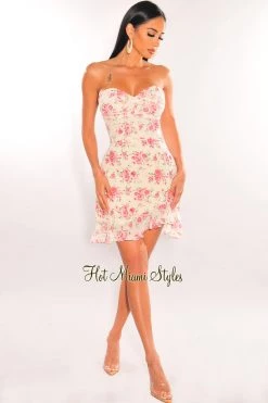 EDIT BY NINE Cream Floral Print Strapless Ruffle Dress