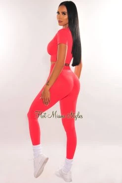Vendor-unknown Just In HMS Fit: Coral Short Sleeve Scoop Neck Scrunch Butt Legging Two Piece Set