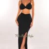 Evenul Just In Black Ribbed Spaghetti Straps Knotted Slit Skirt Two Piece Set