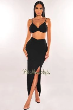 Evenul Just In Black Ribbed Spaghetti Straps Knotted Slit Skirt Two Piece Set
