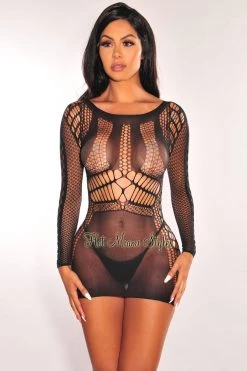 Yelete Group Black Cut Out Long Sleeve Chemise Mini Dress Lingerie
