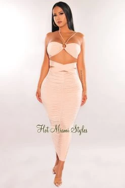Flauntings Nude O-Ring Wrap Around Ruched Skirt Two Piece Set