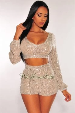 Vendor-unknown Just In Champagne Sequins Long Sleeves Belted Shorts Two Piece Set