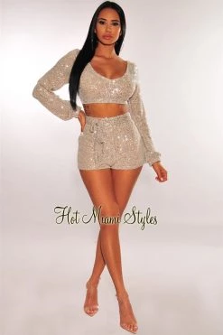 Vendor-unknown Just In Champagne Sequins Long Sleeves Belted Shorts Two Piece Set
