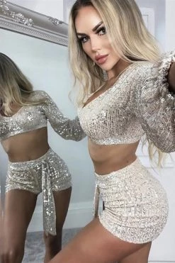 Vendor-unknown Just In Champagne Sequins Long Sleeves Belted Shorts Two Piece Set