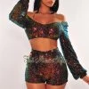Vendor-unknown Just In Rainbow Sequins Long Sleeves Belted Shorts Two Piece Set