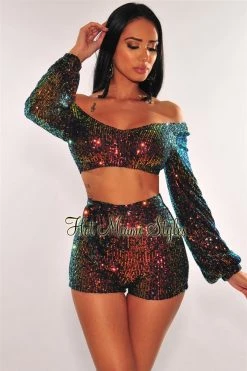 Vendor-unknown Just In Rainbow Sequins Long Sleeves Belted Shorts Two Piece Set