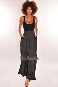 Vendor-unknown Black Silky High Waist Pleated Palazzo Pants Just In