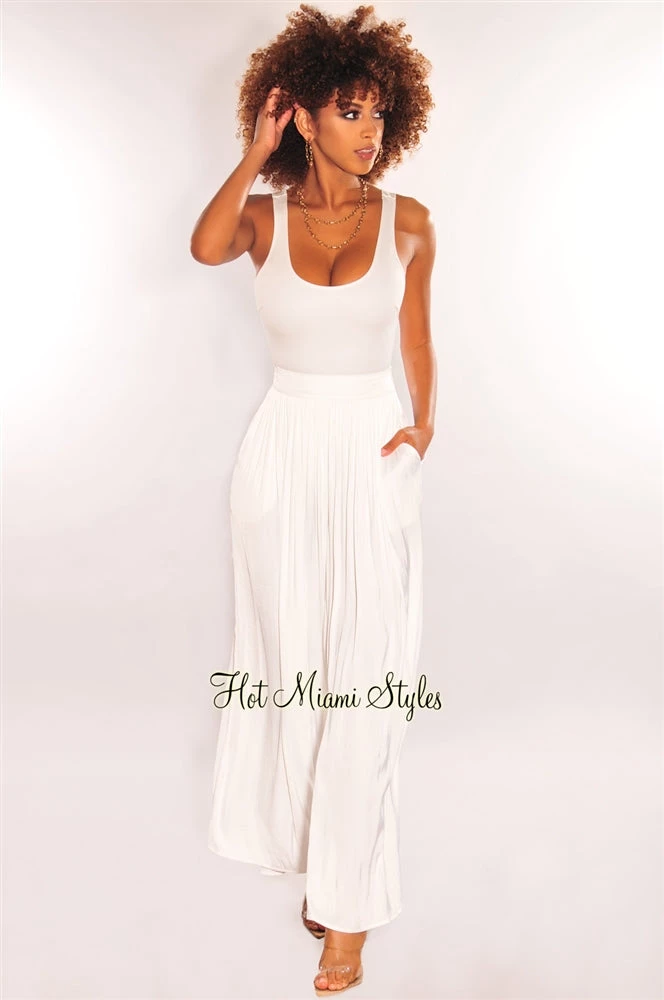 Vendor-unknown White Silky High Waist Pleated Palazzo Pants