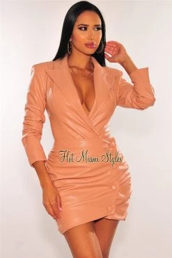 Vendor-unknown Blush Faux Leather Plunge Bodysuit Ruched Skirt Two Piece Set