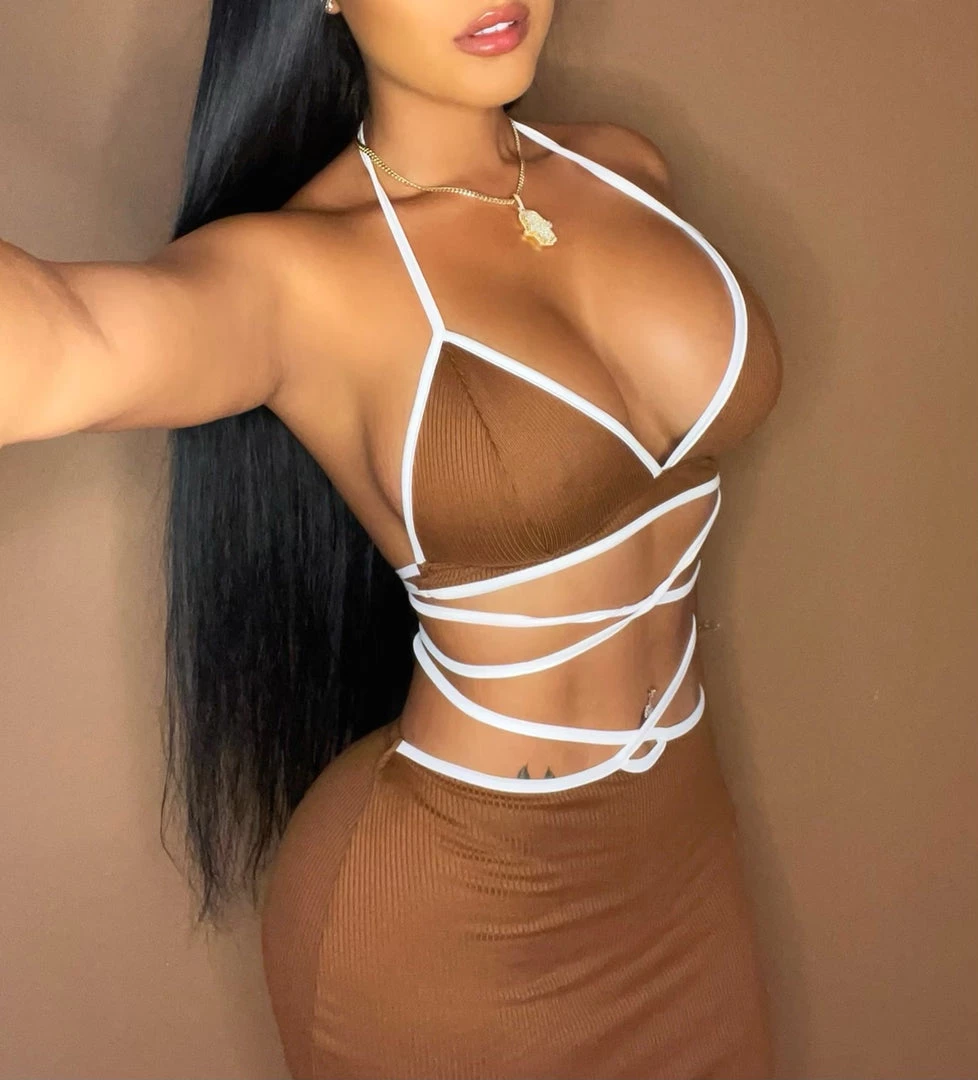 GOODTIME USA Just In Latte White Ribbed Wrap Around Skirt Two Piece Set