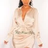 EDIT BY NINE Champagne Silky Collared Long Sleeve Knotted Slit Shirt Dress Just In