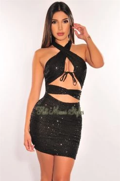 ARK & Co Just In Black Sequins Halter CrissCross Cut Out Ruched Dress