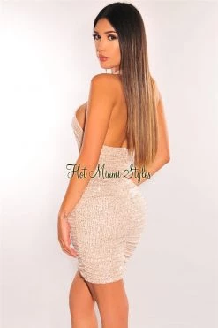 ARK & Co Champagne Sequins Halter CrissCross Cut Out Ruched Dress Just In