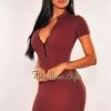 Wow Couture Just In Chocolate Brown Ribbed Zipper Short Sleeves Dress