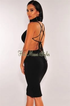 Elan International Black Ribbed Knit Turtleneck Lace Up Back Dress Just In