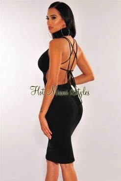 Elan International Black Ribbed Knit Turtleneck Lace Up Back Dress Just In