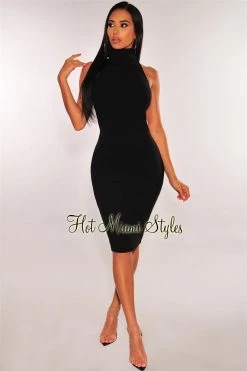 Elan International Black Ribbed Knit Turtleneck Lace Up Back Dress Just In