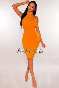 Elan International Mustard Ribbed Knit Turtleneck Lace Up Back Dress Just In