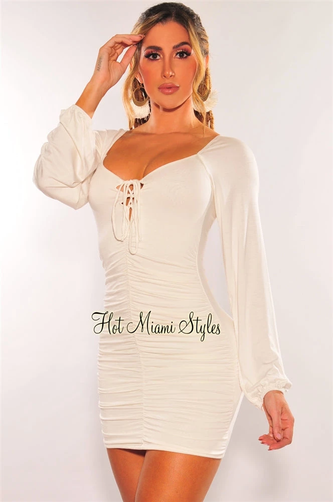 Elan International Off White Ruched Lace Up Long Sleeve Dress