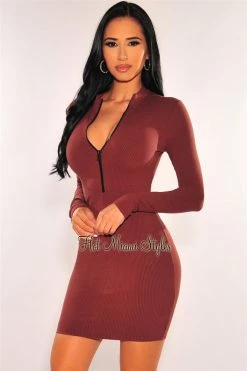 Wow Couture Chocolate Ribbed Zipper Long Sleeve Dress