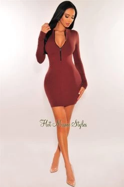 Wow Couture Chocolate Ribbed Zipper Long Sleeve Dress