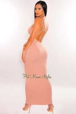 Vendor-unknown Just In Blush V Neck Spaghetti Straps Cut Out Maxi Dress