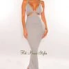 Vendor-unknown Gray V Neck Spaghetti Straps Cut Out Maxi Dress