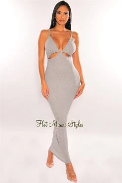 Vendor-unknown Gray V Neck Spaghetti Straps Cut Out Maxi Dress