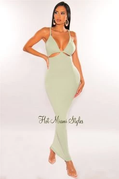 Vendor-unknown Sage V Neck Spaghetti Straps Cut Out Maxi Dress