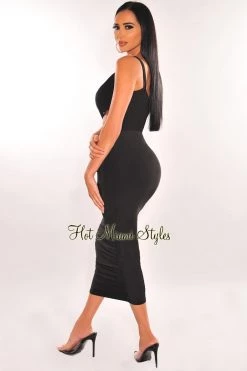 Uptown Apparel Black One Shoulder Cut Out Ruched Dress