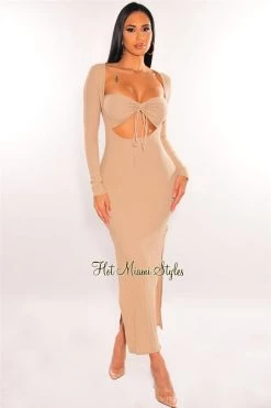 Vendor-unknown Taupe Ribbed Long Sleeve Cut Out Double Slit Dress Just In