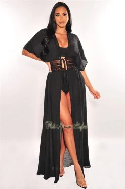 Vendor-unknown Black Crochet Short Sleeve Tie Up Maxi Cover Up Just In