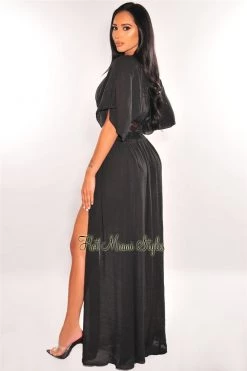 Vendor-unknown Black Crochet Short Sleeve Tie Up Maxi Cover Up Just In