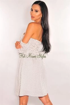 Vendor-unknown White Polka Dot Off Shoulder Smocked Baby Doll Dress Just In