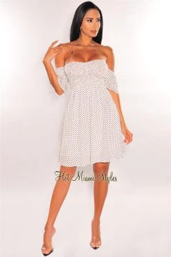 Vendor-unknown White Polka Dot Off Shoulder Smocked Baby Doll Dress Just In
