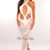 Dexire White Halter Tie Up Cut Out Mesh Ruched Dress Just In