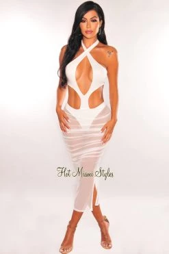 Dexire White Halter Tie Up Cut Out Mesh Ruched Dress Just In