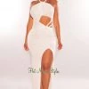 LUXXEL White Shimmery Twist Rope Cut Out Slit Maxi Dress