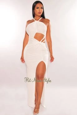 LUXXEL White Shimmery Twist Rope Cut Out Slit Maxi Dress