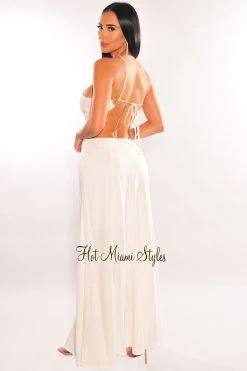 LUXXEL Off White Linen Halter O-Ring Cut Out Maxi Dress