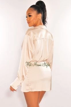EDIT BY NINE Champagne Silky Collared Long Sleeve Knotted Slit Shirt Dress Just In