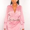 EDIT BY NINE Just In Blush Silky Collared Long Sleeve Knotted Slit Shirt Dress
